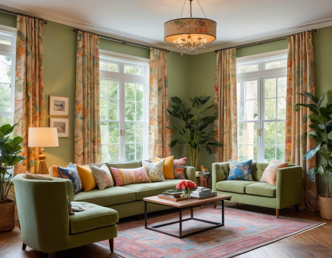 A beautifully adorned interior with elegant patchwork patterns on cushions and curtains, showcasing a cozy living room setting filled with plants and warm lighting. The walls are tastefully painted in pastel hues, highlighting framed artwork that complements the charming theme. A glimpse of a stylish dining area connects, rich with textures and colors that elevate the atmosphere. soft lighting. super-realistic. vibrant colors.