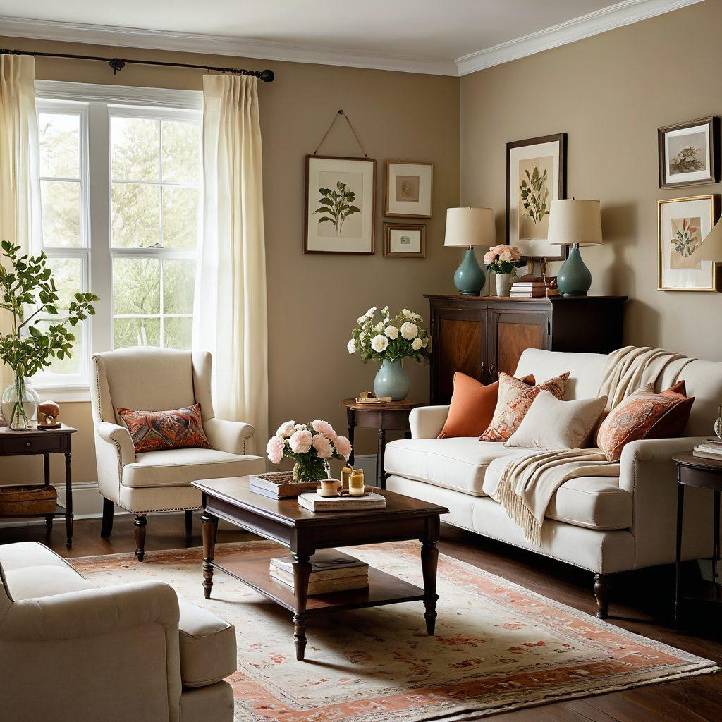 A beautifully arranged living room featuring stylish yet simple home repairs like a fresh coat of paint, restored furniture, and elegant decor. The scene should exude a sense of effortless charm with warm lighting and inviting colors. Include tools like a paintbrush and a toolkit subtly placed in the background to signify repairs in progress. The overall mood should be inspiring and uplifting. vibrant colors. super-realistic.
